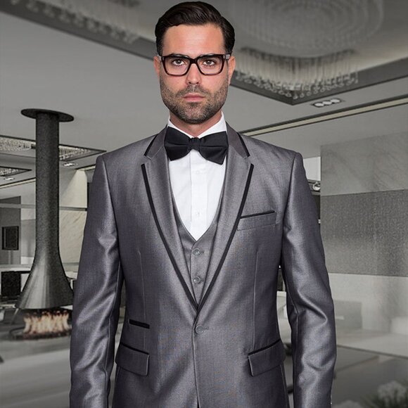 Mens One Button Satin Trim Notch Prom Tuxedo in Shiny Silver Sharkskin